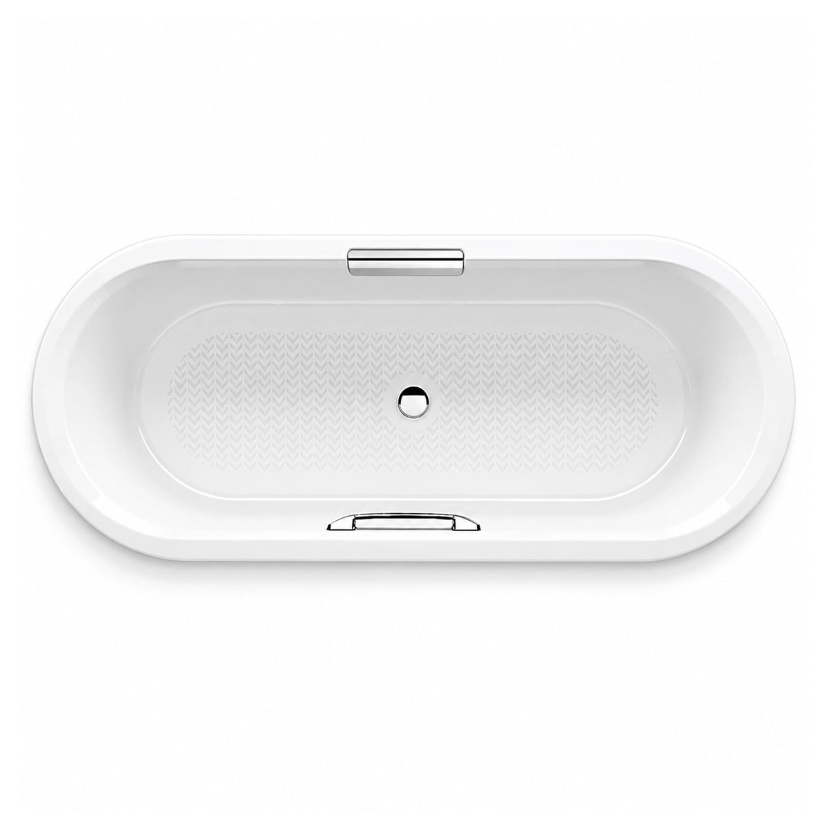 Drop-in acrylic bathtub, full oval shape, textured anti-slip basin bottom with two chrome grab bar assemblies