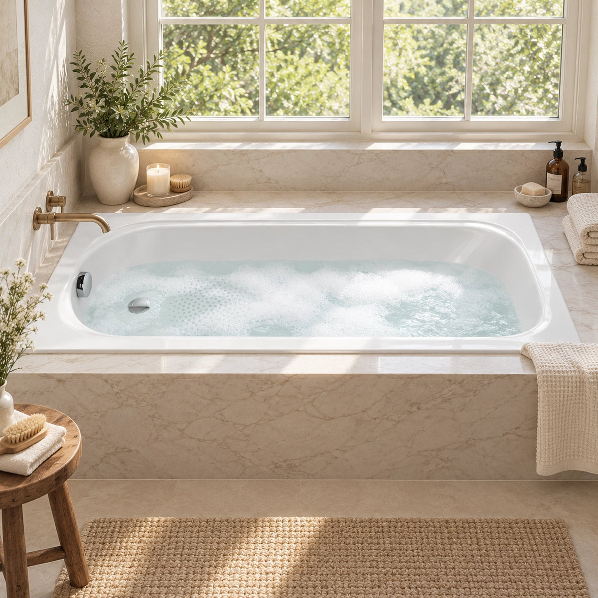 Drop-in enameled steel bathtub, bathroom scene with marble surround under natural window light