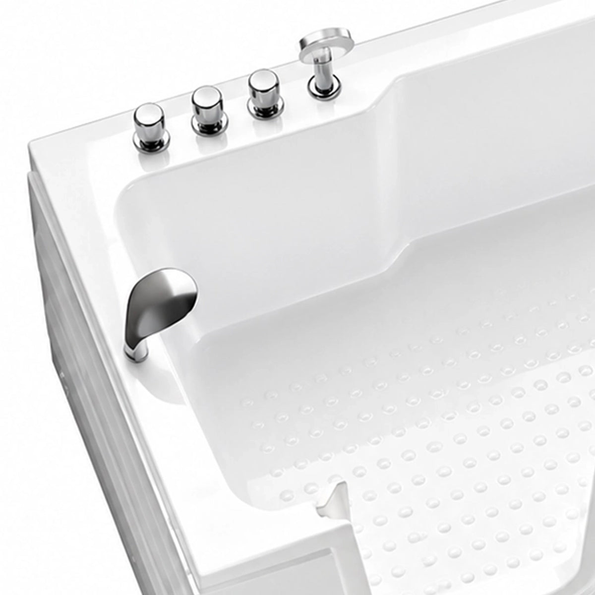 Close-up of tub top hardware, multiple chrome control knobs, hand shower and anti-slip dots inside basin