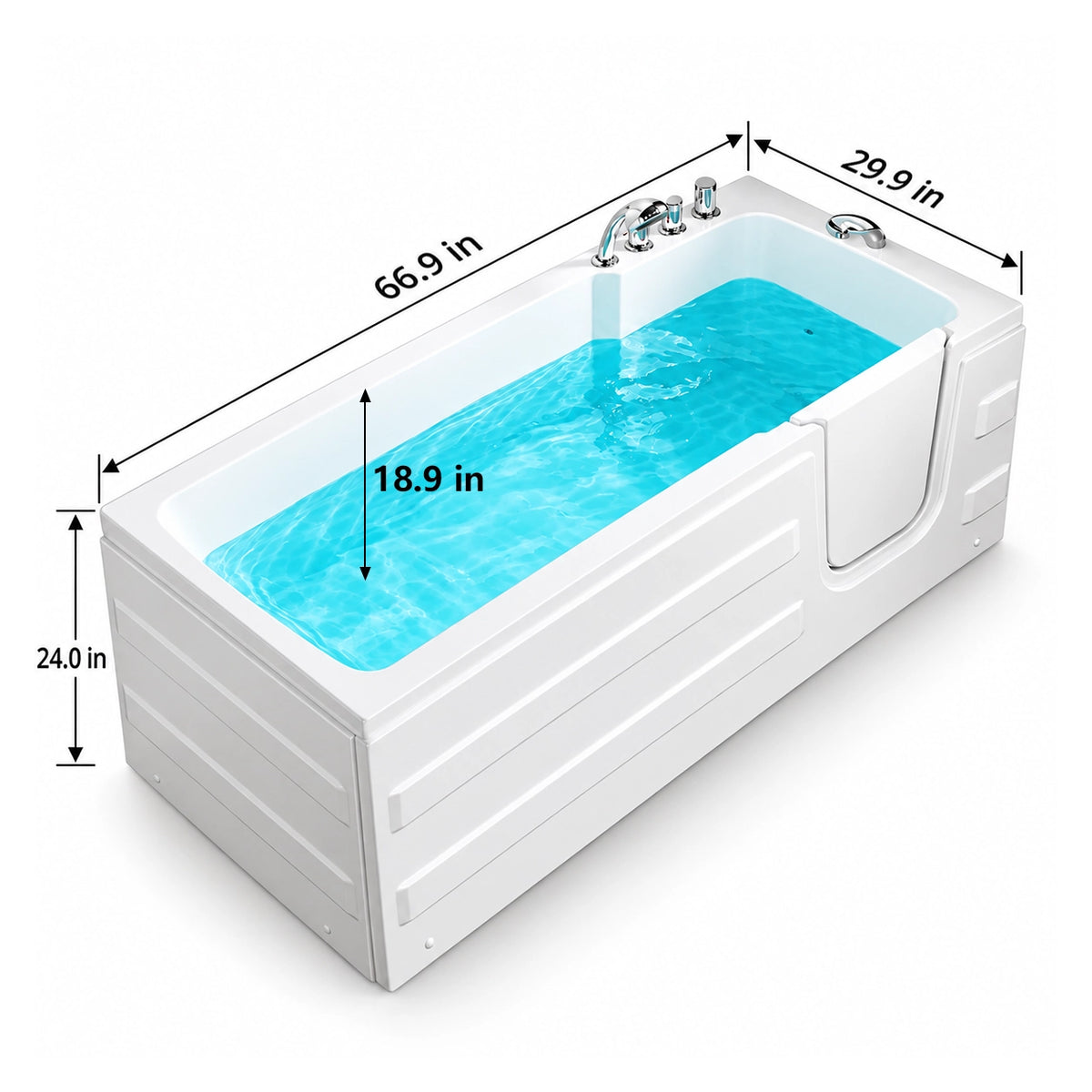 Side door walk-in bathtub, dimensions: 66.9in L ×29.9in W ×24.0in H, water depth 18.9in