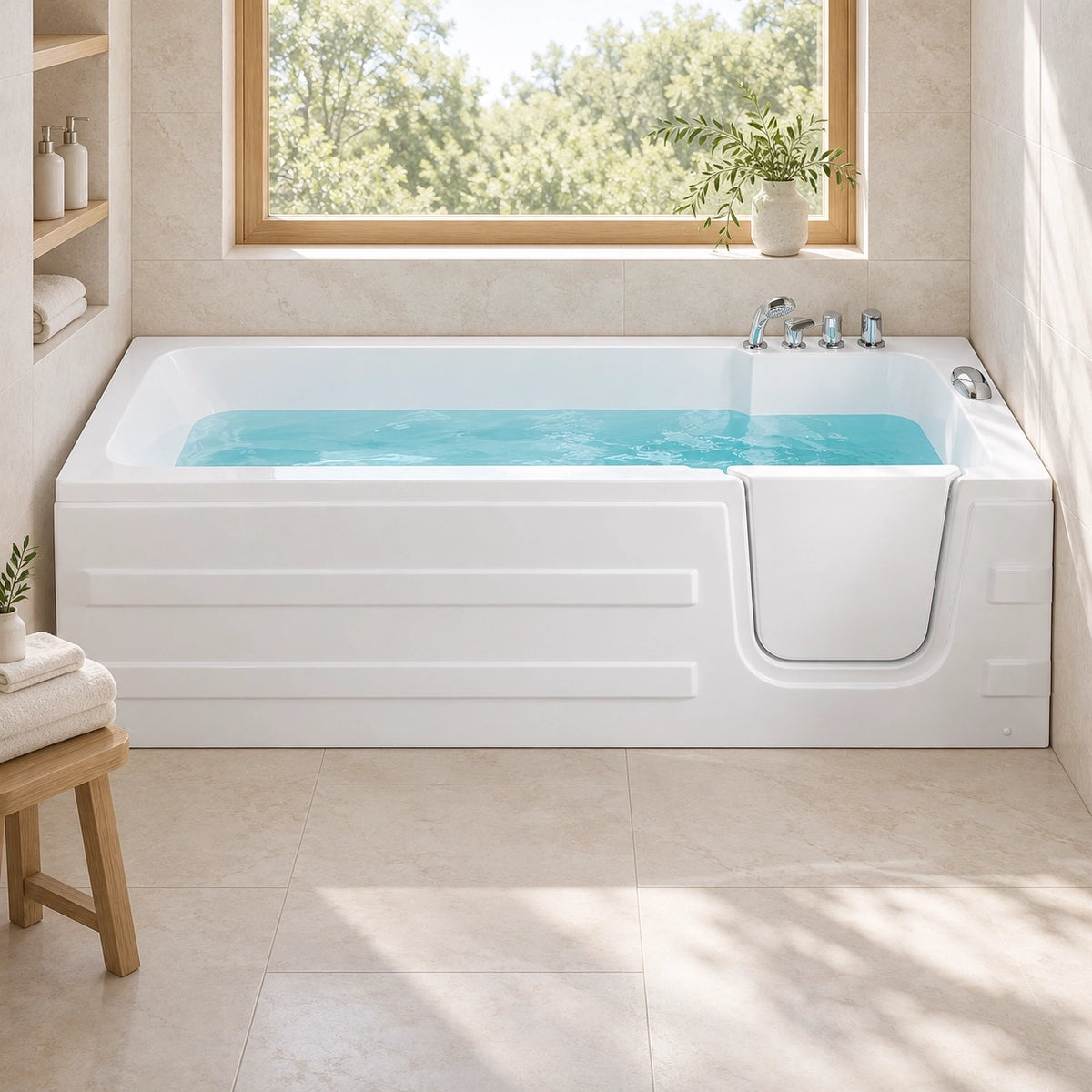White acrylic walk-in bathtub placed against wall, inside bright home bathroom with tiled floor and window storage nook