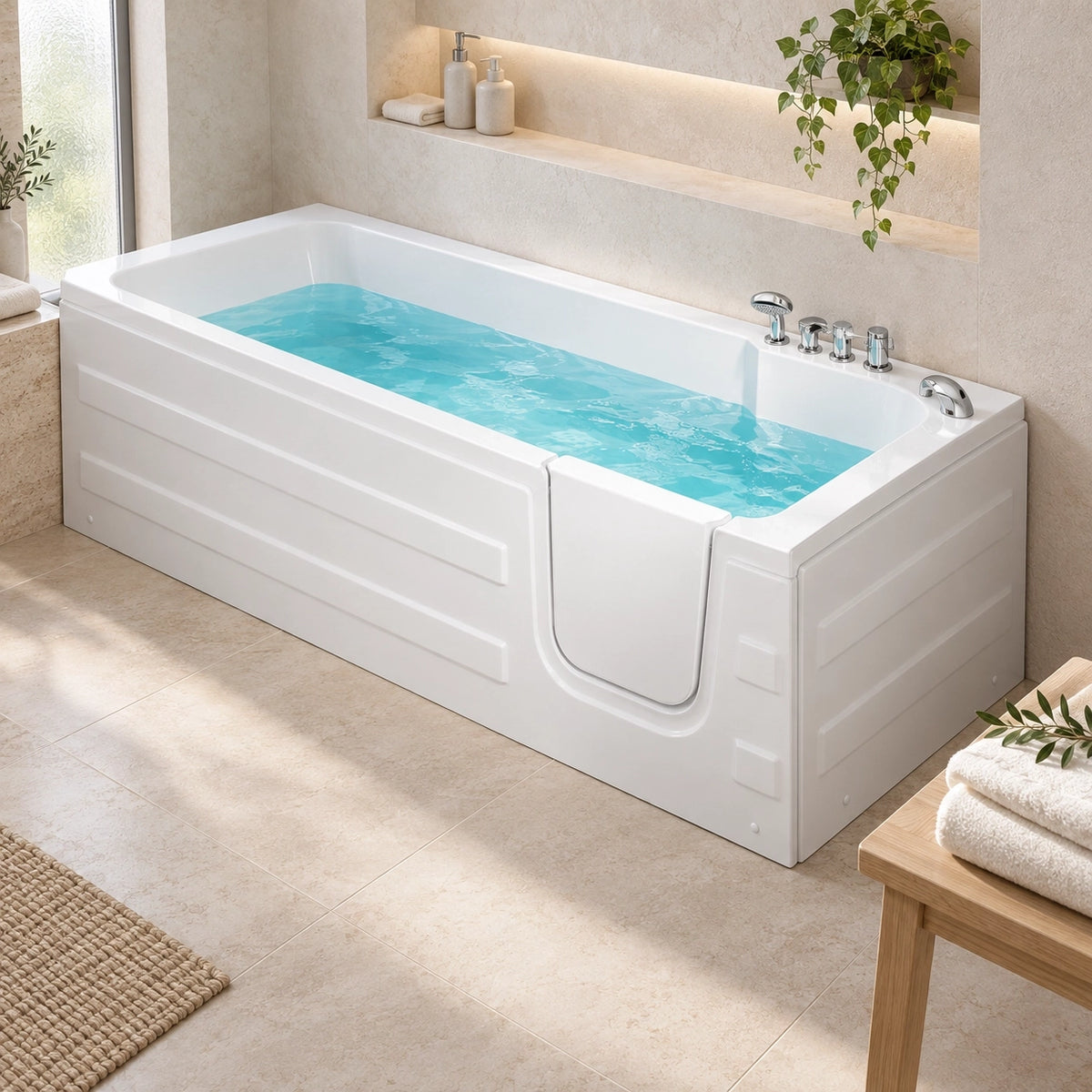 Side entry walk-in tub, set in minimalist bathroom with recessed wall shelf and natural light