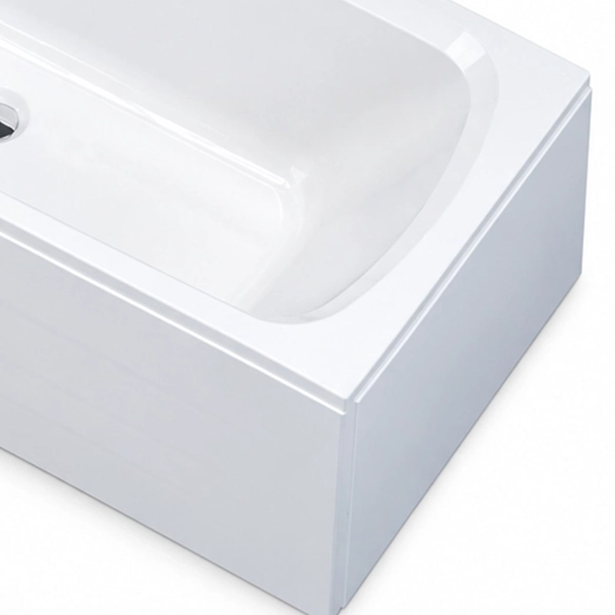 Bathtub corner close-up, glossy acrylic body, integrated skirt and smooth rim edge