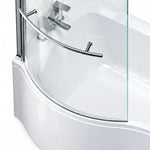 Close-up of bathtub curved end, curved tempered glass screen with metal grab bar and bath faucet set