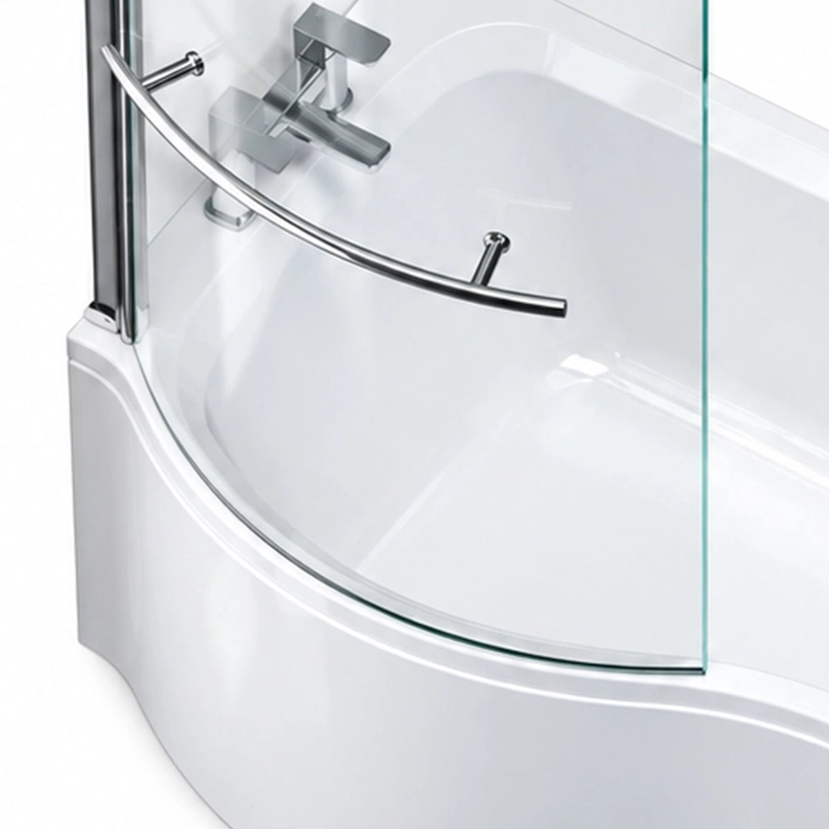 Close-up of bathtub curved end, curved tempered glass screen with metal grab bar and bath faucet set
