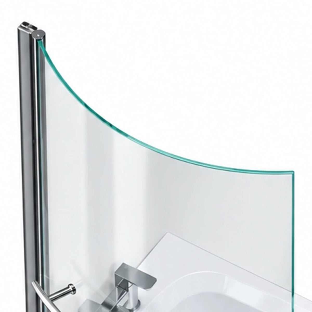 Partial shot of curved tempered glass screen, polished metal support post with smoothly finished glass edge