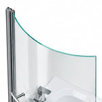 Partial shot of curved tempered glass screen, polished metal support post with smoothly finished glass edge