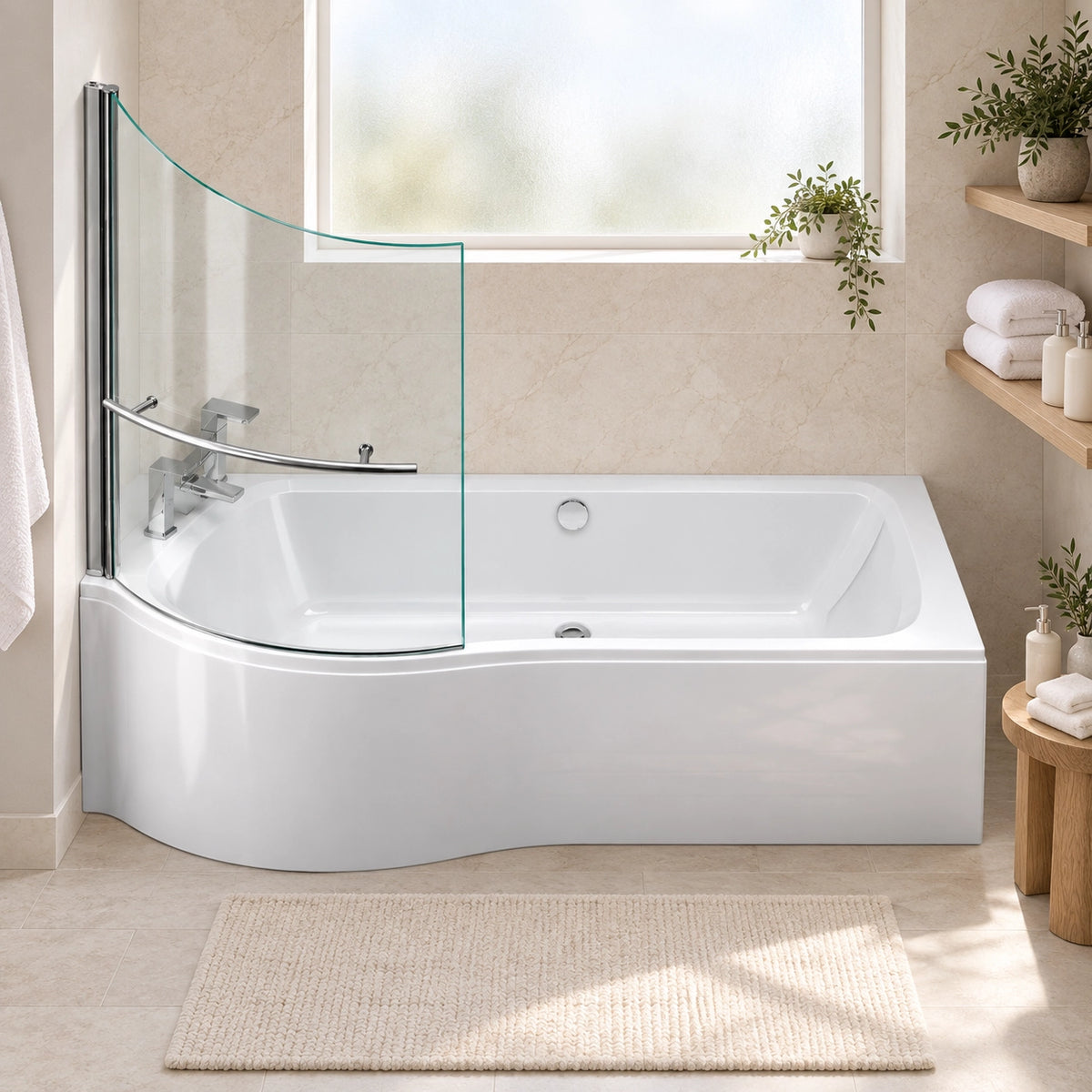 Curved front skirt alcove bathtub with curved glass screen, placed in a bathroom with window and beige marble tile walls