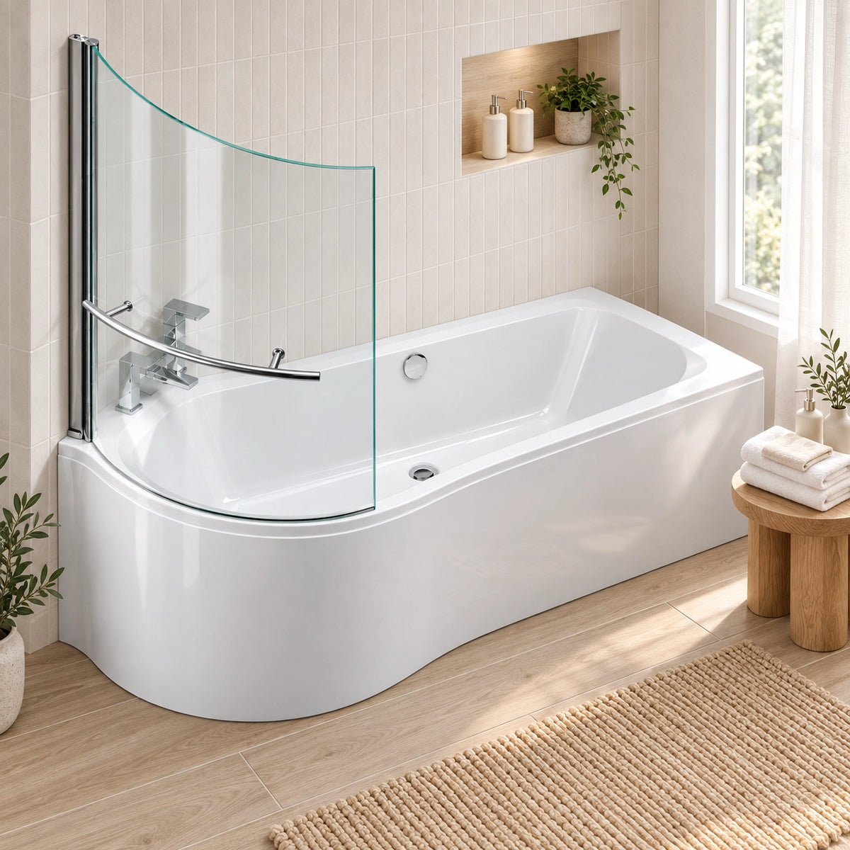 One-piece skirted bathtub with curved glass splash guard, installed in light beige subway tile bathroom with wall niche storage