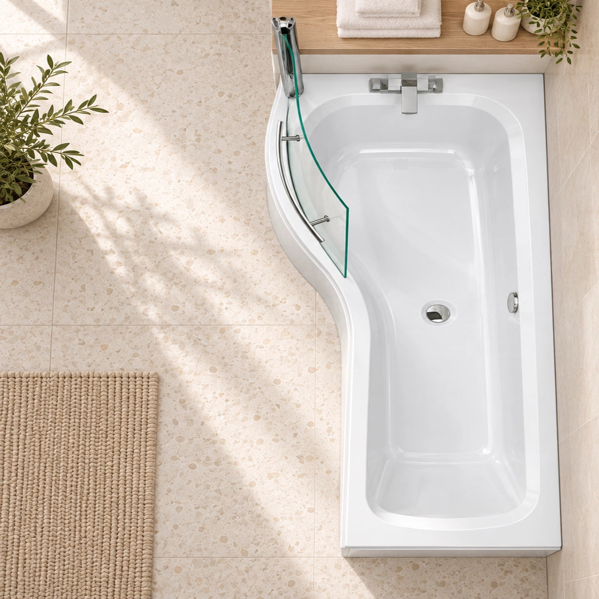 Alcove bathtub with curved glass screen, top-down view, terrazzo-style bathroom floor with surrounding clear space