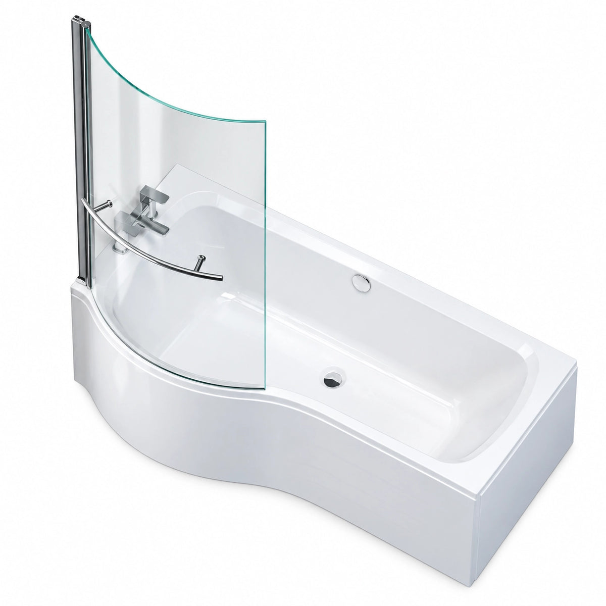 Alcove acrylic bathtub, integrated wavy front skirt, matched with swivel curved glass shower screen