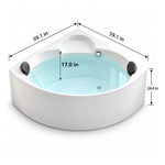 Corner sector acrylic soaking tub, 59.1in side length, 17.0in water depth, 24.4in overall height, designed for bathroom corner