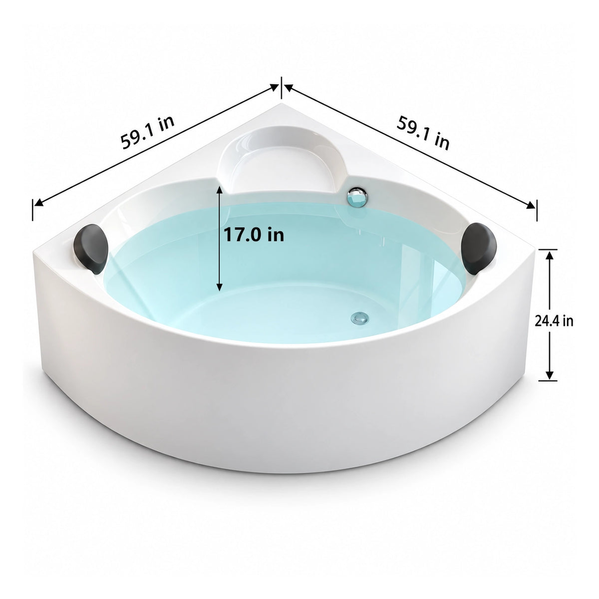 Corner sector acrylic soaking tub, 59.1in side length, 17.0in water depth, 24.4in overall height, designed for bathroom corner