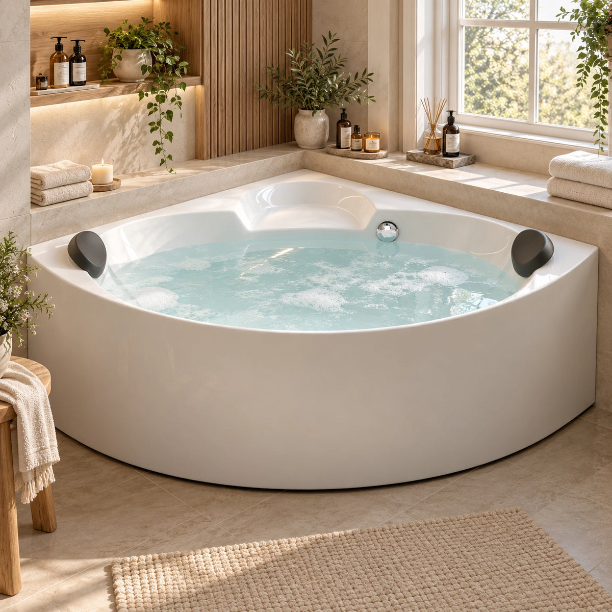 Corner sector acrylic soaking bathtub placed in bright bathroom, installed against two walls with wall niches and plants, spacious enough for two bathers