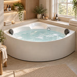 Corner sector acrylic soaking bathtub placed in bright bathroom, installed against two walls with wall niches and plants, spacious enough for two bathers