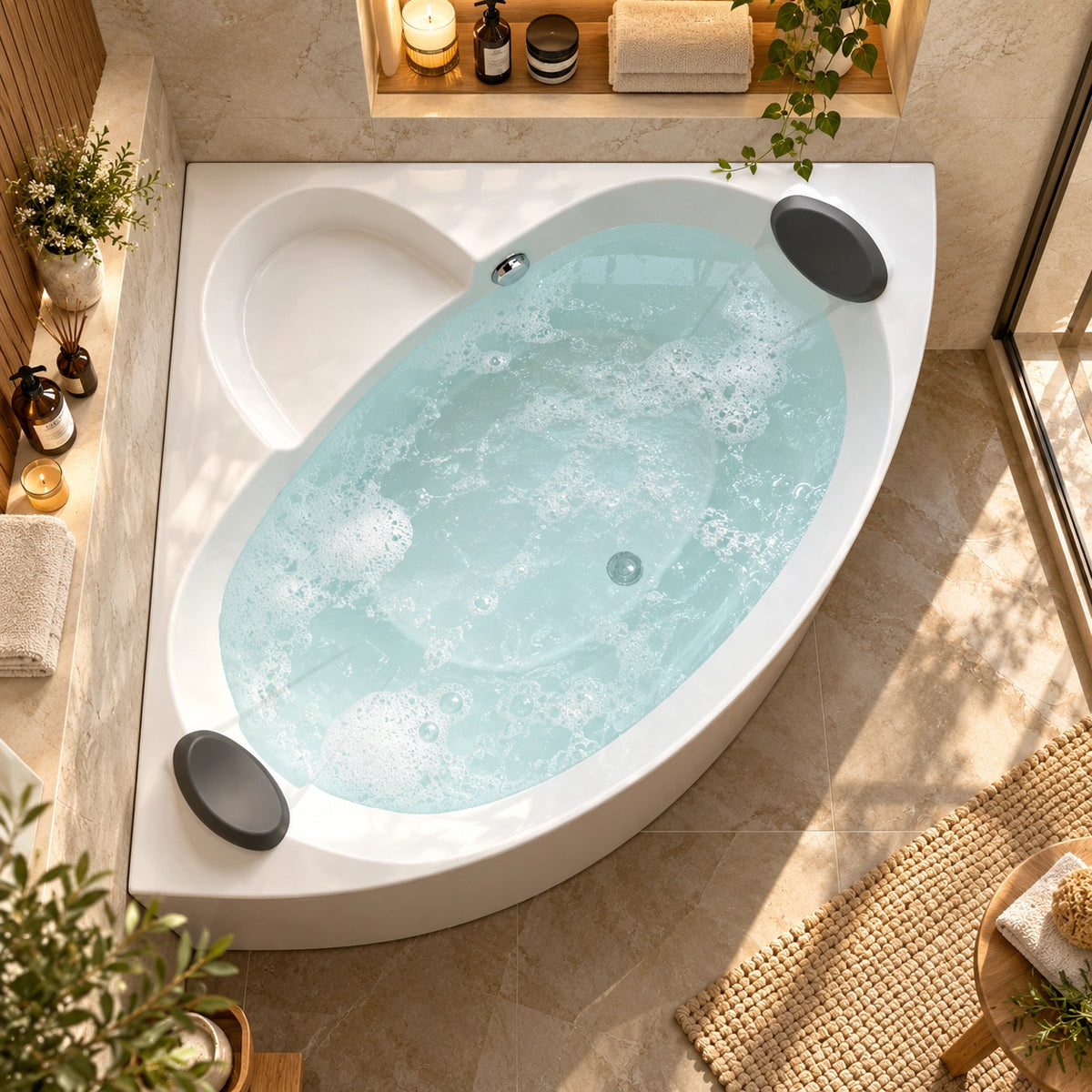 Top-down view of corner sector acrylic tub fitted in bathroom corner, woven mat on floor with ample surrounding moving space