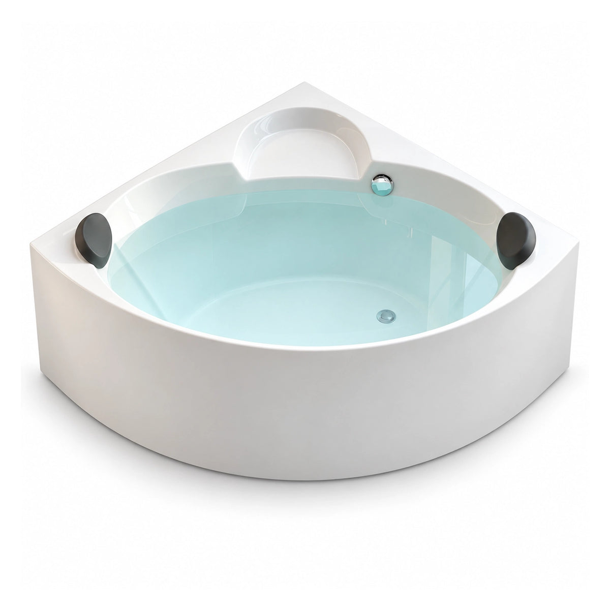 Corner sector acrylic soaking bathtub, equipped with dual bath pillows, overflow and drain, integrated curved body