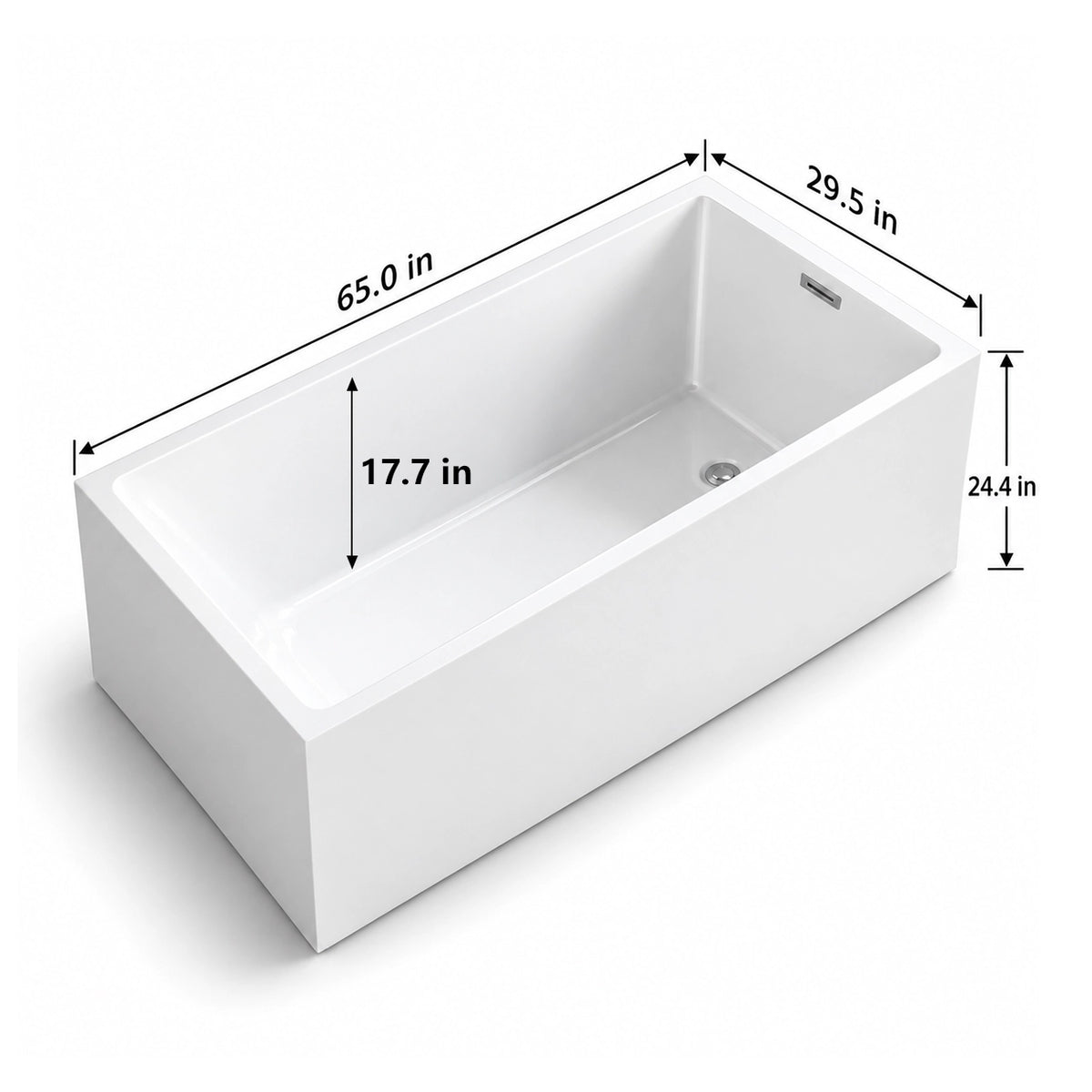 Dimensions for 65.0-inch Rectangular freestanding bathtub