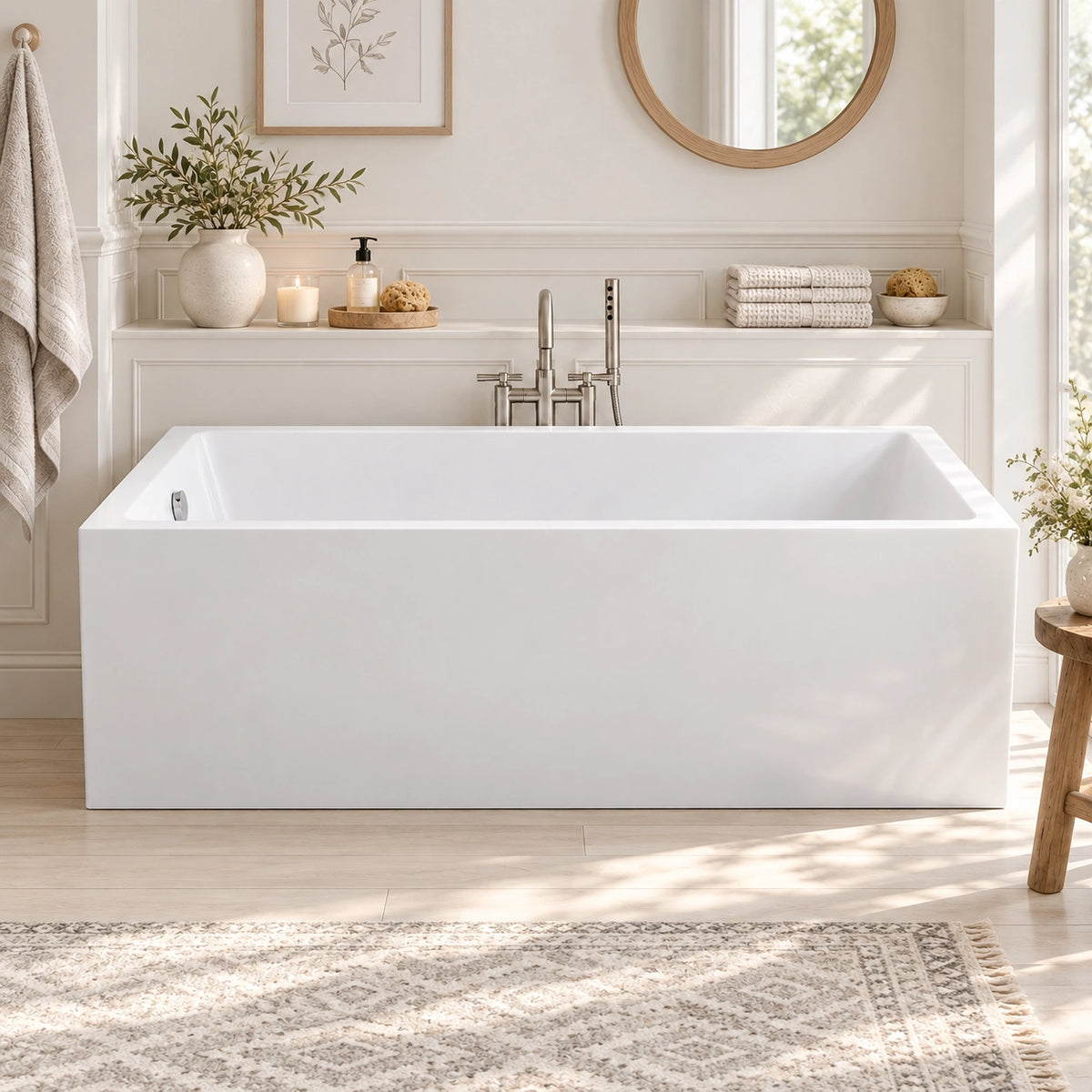 White square freestanding bathtub placed in a bright minimalist bathroom with wall decor and countertop