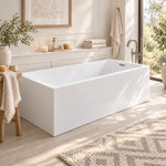 Square acrylic freestanding bathtub in a bathroom with floor-to-ceiling windows, wood-look tiles, space for floor-mounted faucet