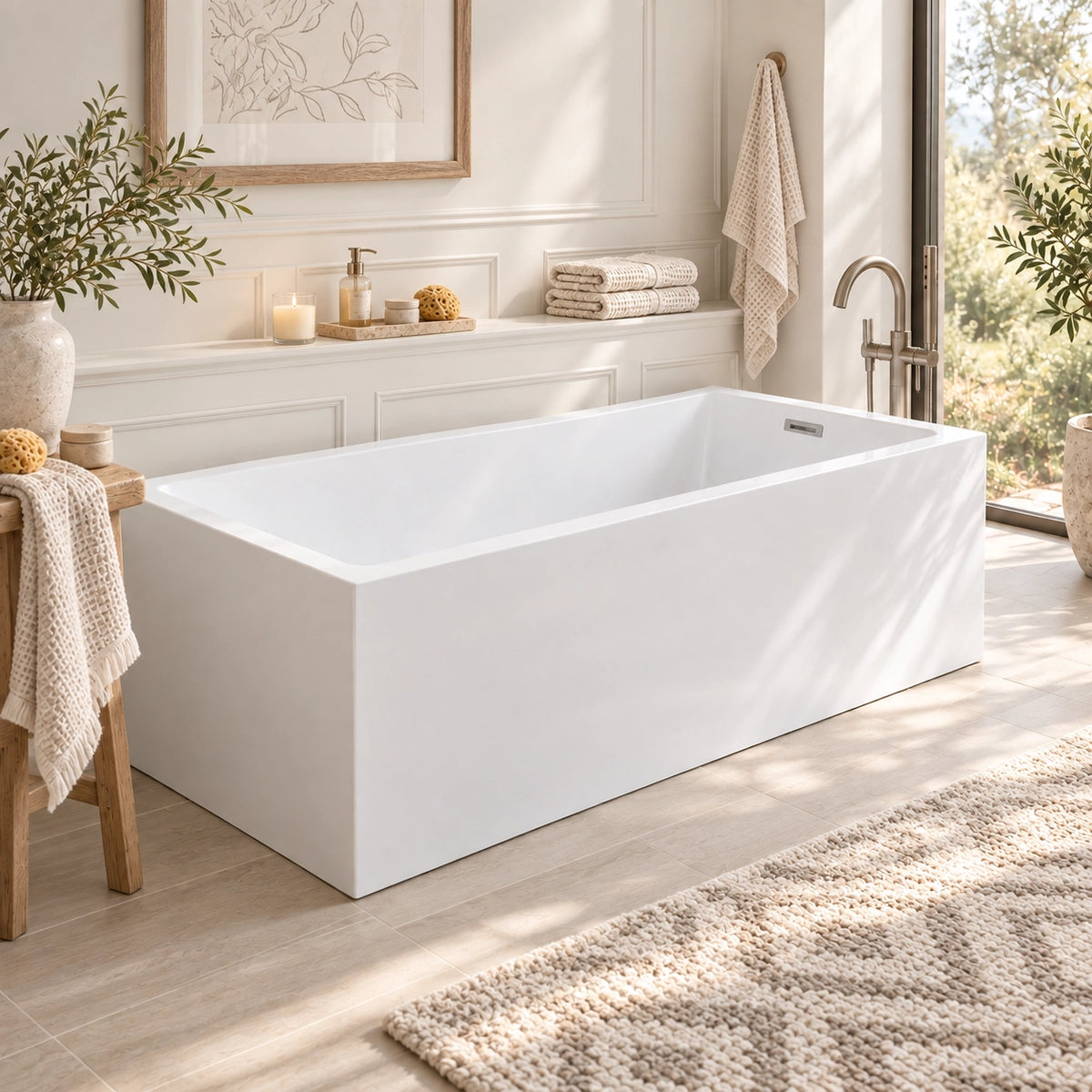 Square acrylic freestanding bathtub in a bathroom with floor-to-ceiling windows, wood-look tiles, space for floor-mounted faucet