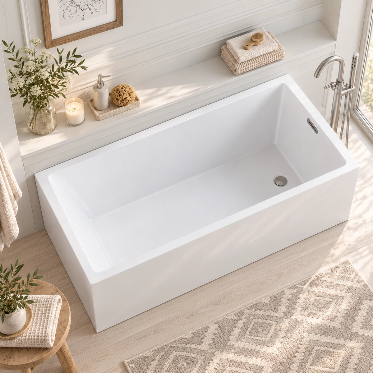Rectangular freestanding bathtub in a bright bathroom with recessed shelf, top-down view showing tub and bathroom accessories