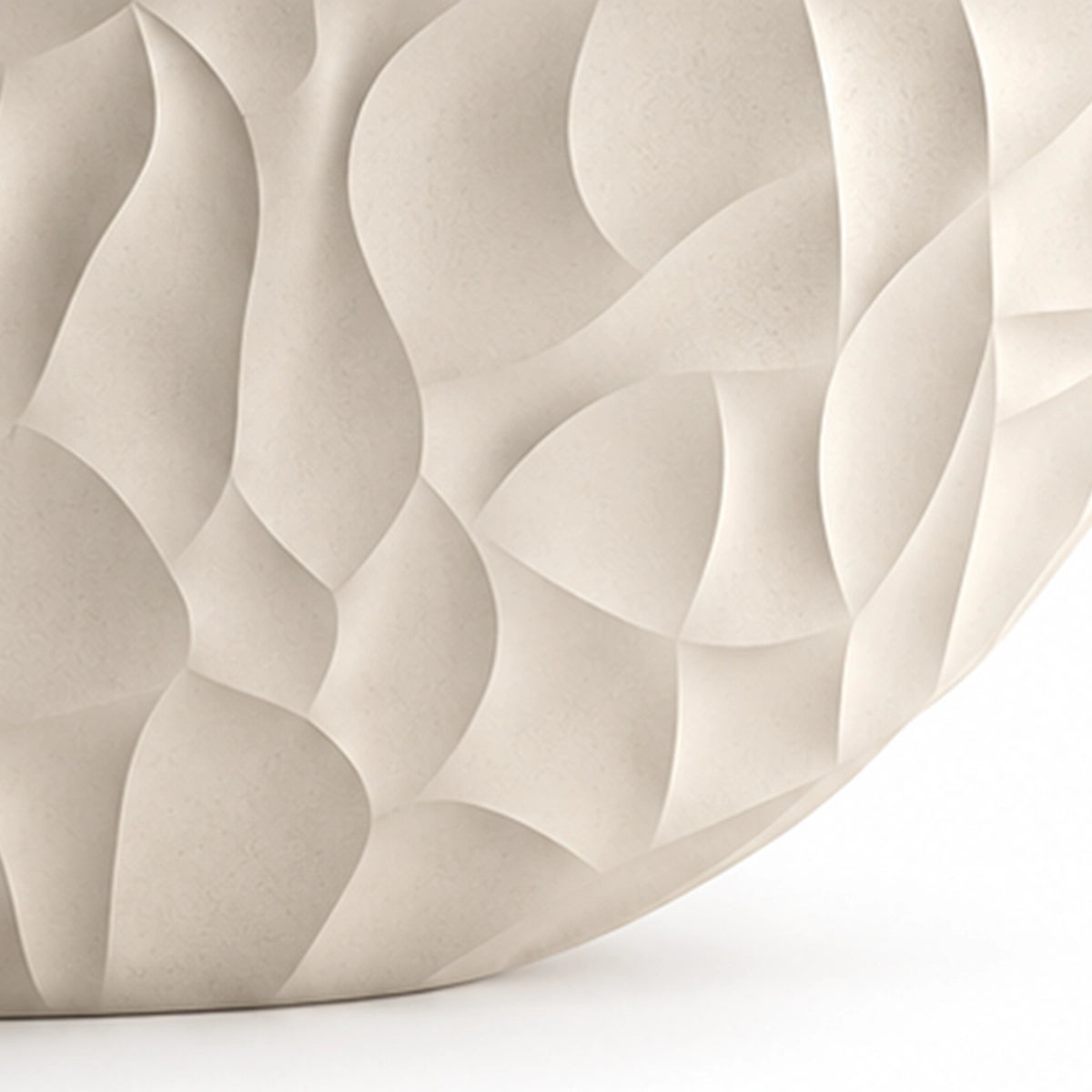 Partial close-up of bathtub exterior, showcasing curved concave-convex relief surface details
