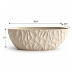 Beige embossed freestanding bathtub, measurement 66.9"L × 31.5"W × 21.7"H