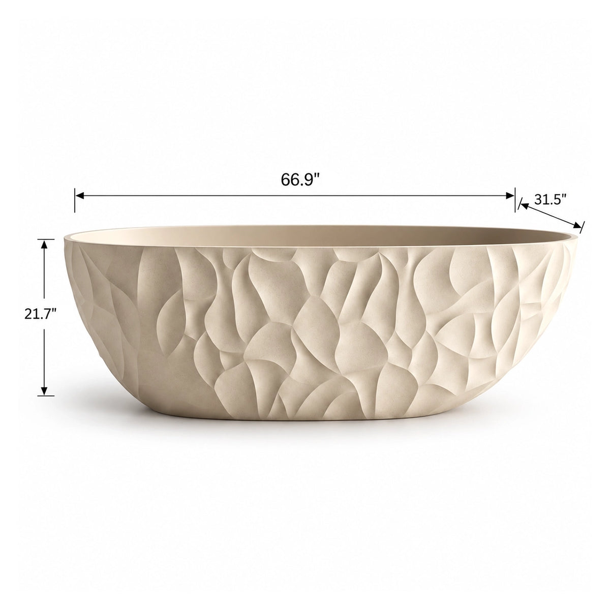 Beige embossed freestanding bathtub, measurement 66.9"L × 31.5"W × 21.7"H