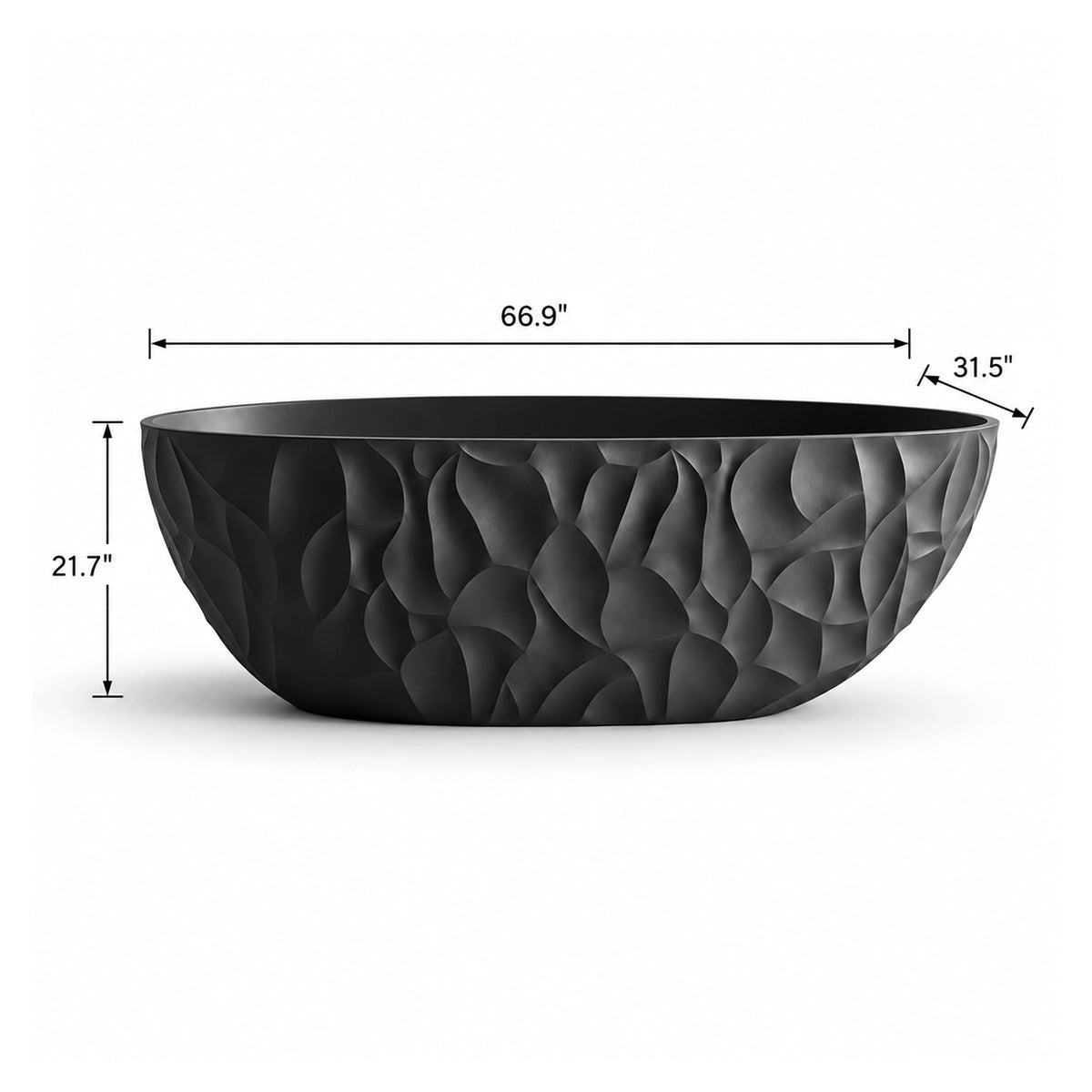 Black sculpted freestanding soaking tub, dimensions 66.9 inches long, 31.5 inches wide, 21.7 inches tall