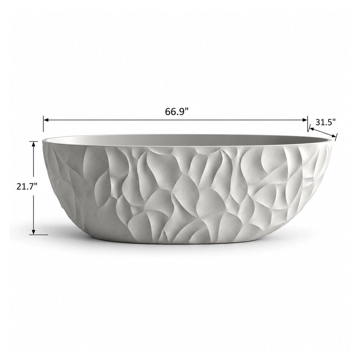 Gray textured freestanding bathtub, overall dimension 66.9"L × 31.5"W × 21.7"H