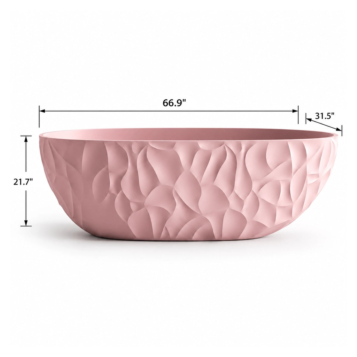 Soft pink sculptured freestanding tub, size 66.9 inches length, 31.5 inches width, 21.7 inches height