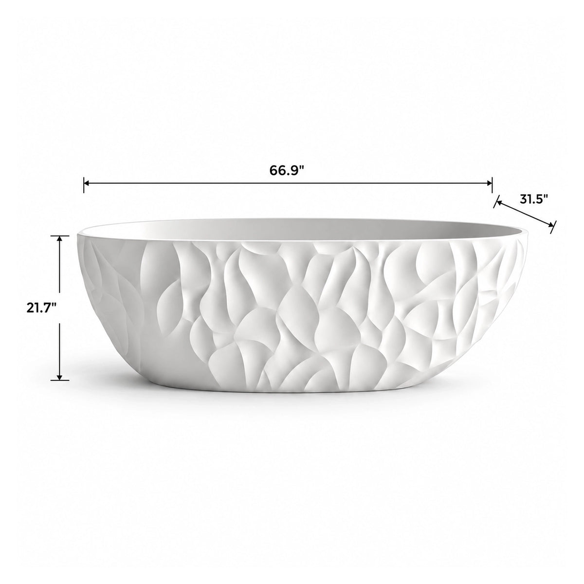 White textured freestanding bathtub, overall size 66.9"L × 31.5"W × 21.7"H