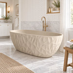 Freestanding wavy relief bathtub, inside bathroom with built-in shelf and marble accent wall