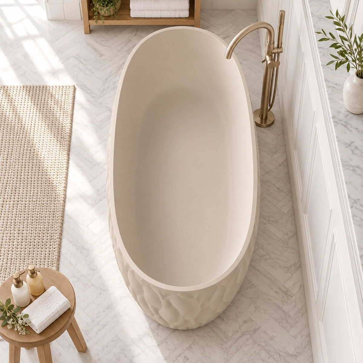 Top-down view of oval solid freestanding bathtub in bathroom with herringbone marble tile floor