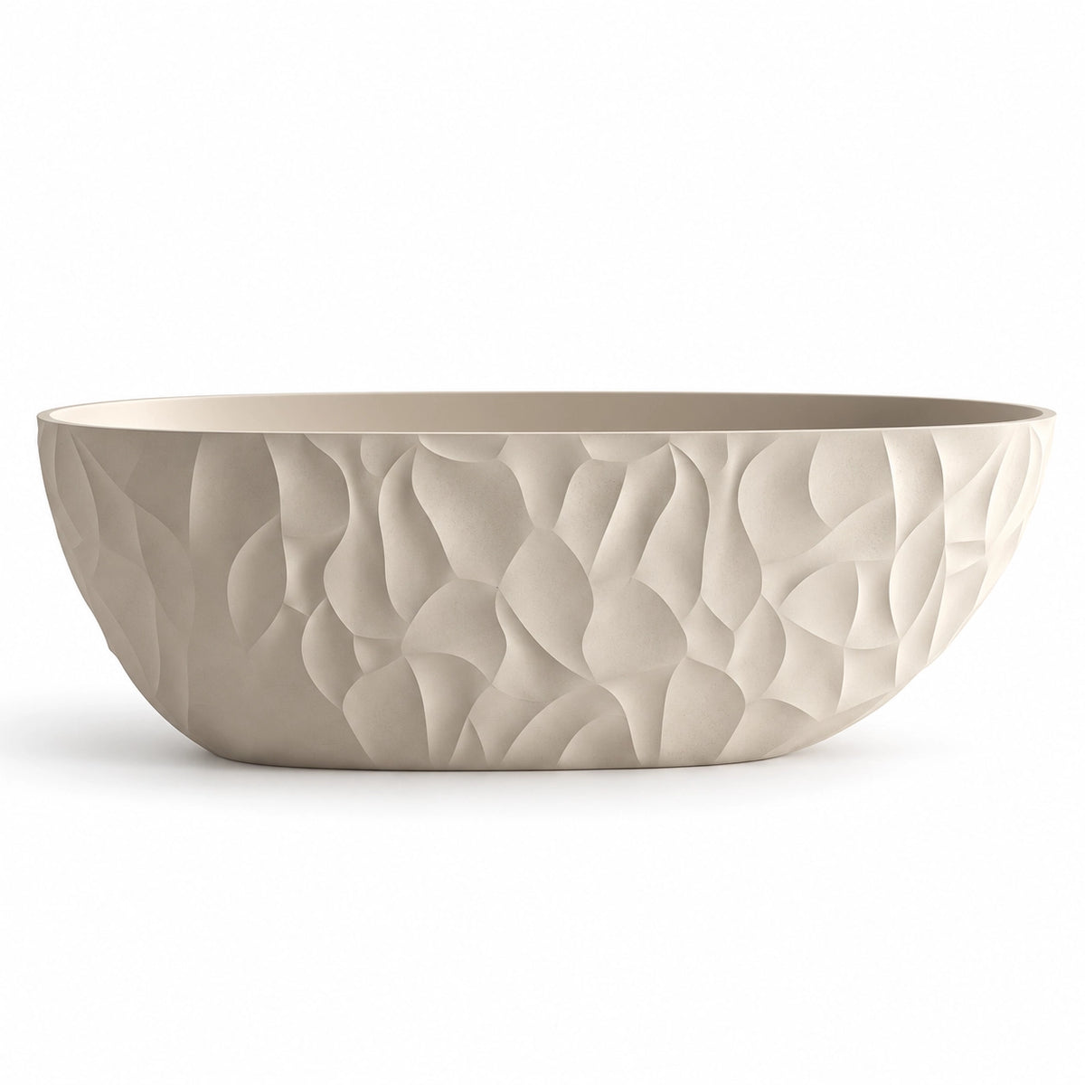 Freestanding oval tub in light beige, featuring one-piece sculptural embossed outer surface