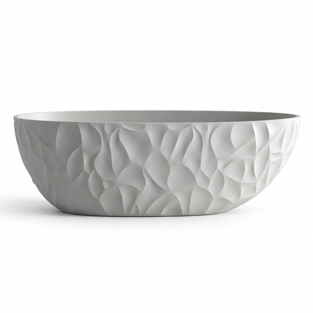 Freestanding soaking bathtub in gray, exterior with flowing sculpted raised texture