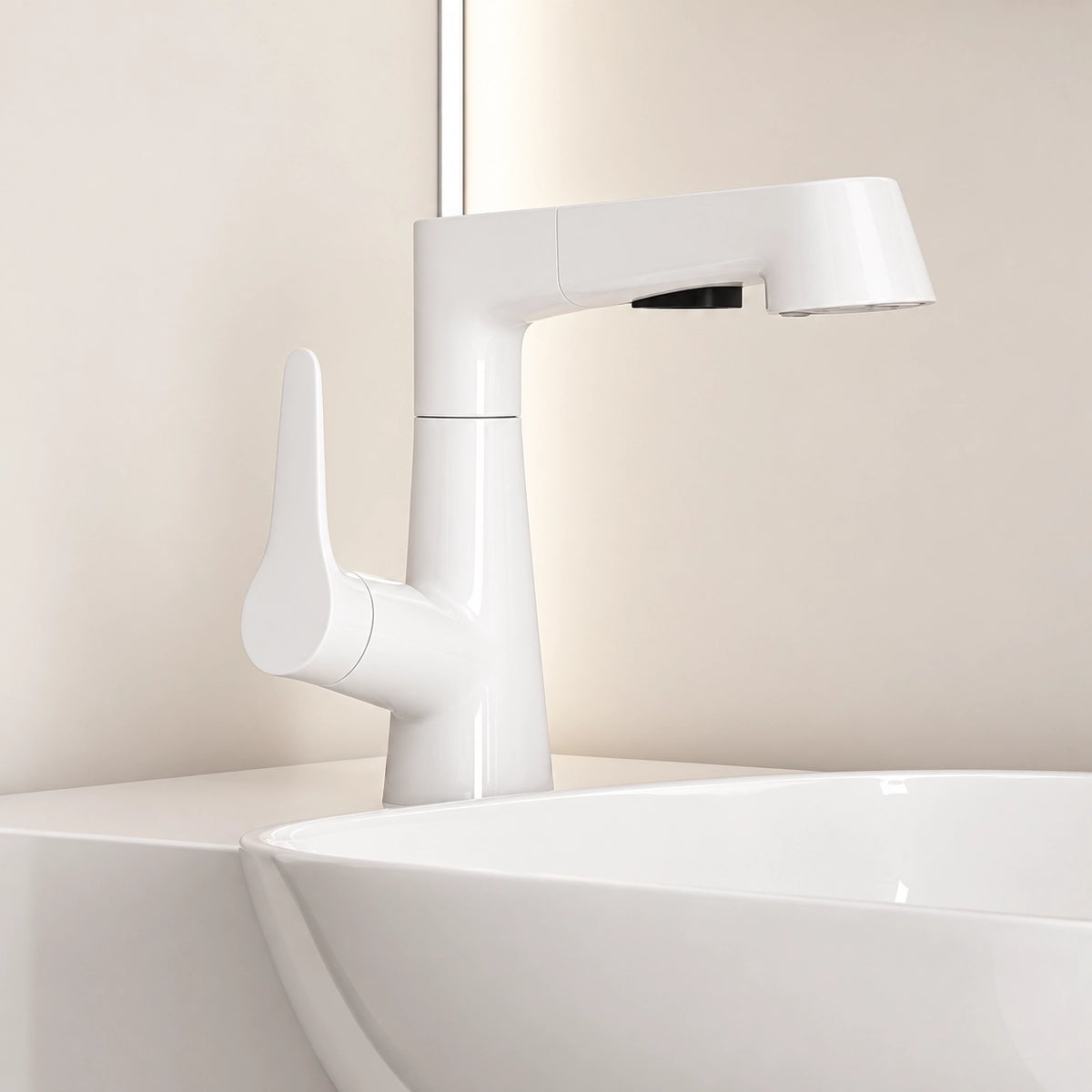 Pull‑out bathroom faucet close‑up, glossy white finish