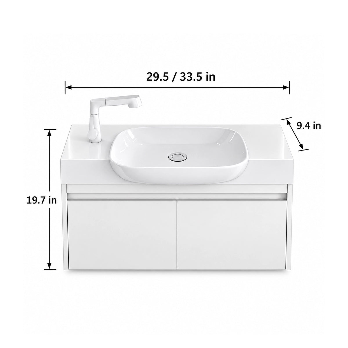Dimensions for wall‑mounted bathroom vanity, 29.5-inch/33.5-inch