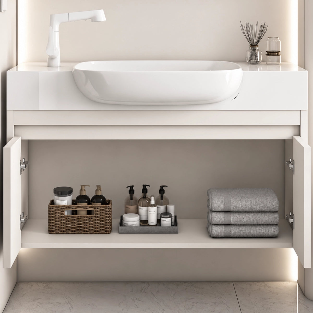 Open vanity cabinet showing interior storage space