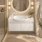 Floating bathroom vanity with integrated sink in bright bathroom