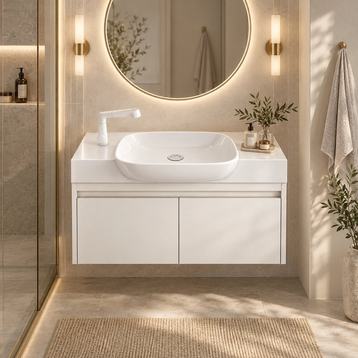 Floating bathroom vanity with integrated sink in bright bathroom