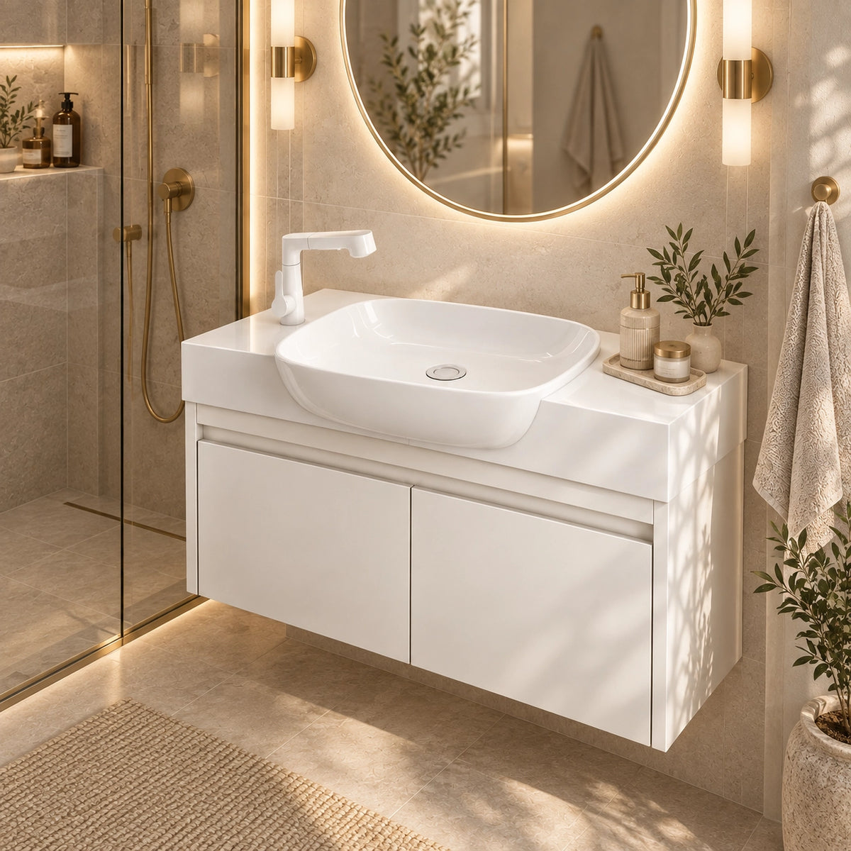 Wall‑hung vanity unit inside warm toned bathroom