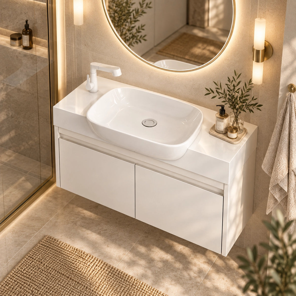 White wall mounted vanity set in natural light bathroom