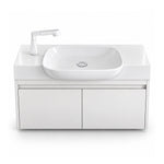 Floating bathroom vanity, white cabinet with curved integrated sink