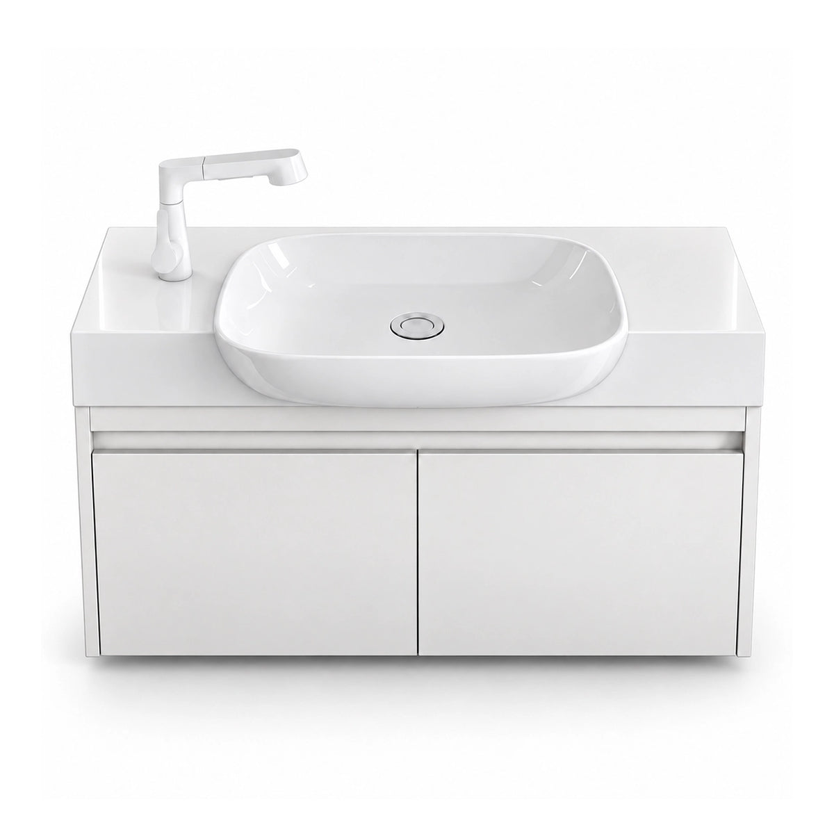 Floating bathroom vanity, white cabinet with curved integrated sink
