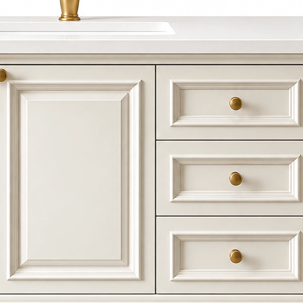 Raised panel cabinet doors and drawers with gold knobs