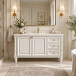 Freestanding vintage bathroom vanity in bright classic bathroom