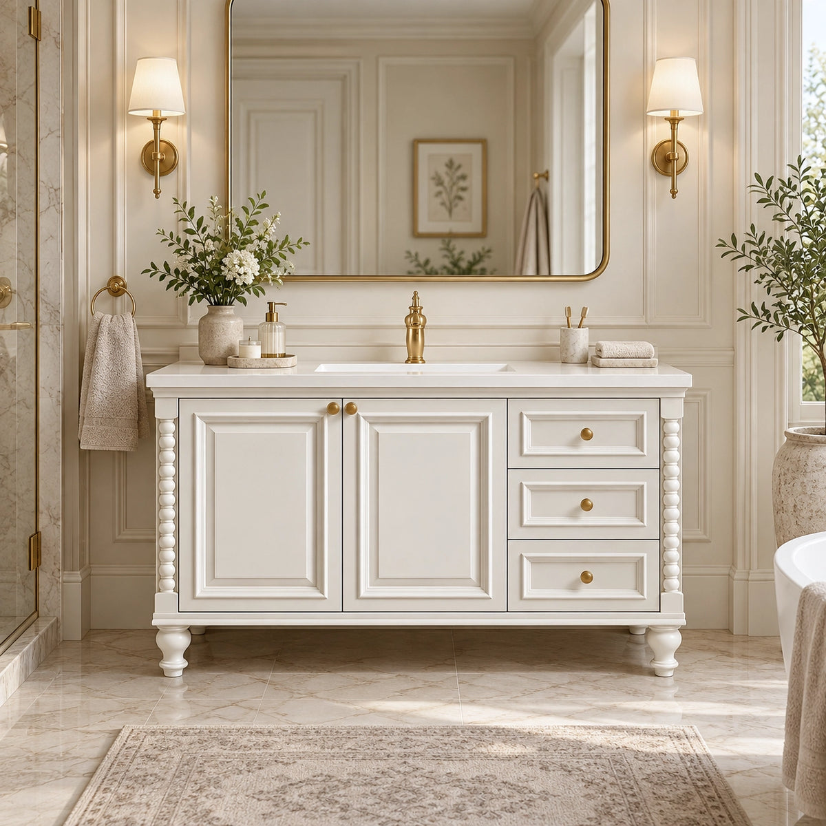 Freestanding vintage bathroom vanity in bright classic bathroom