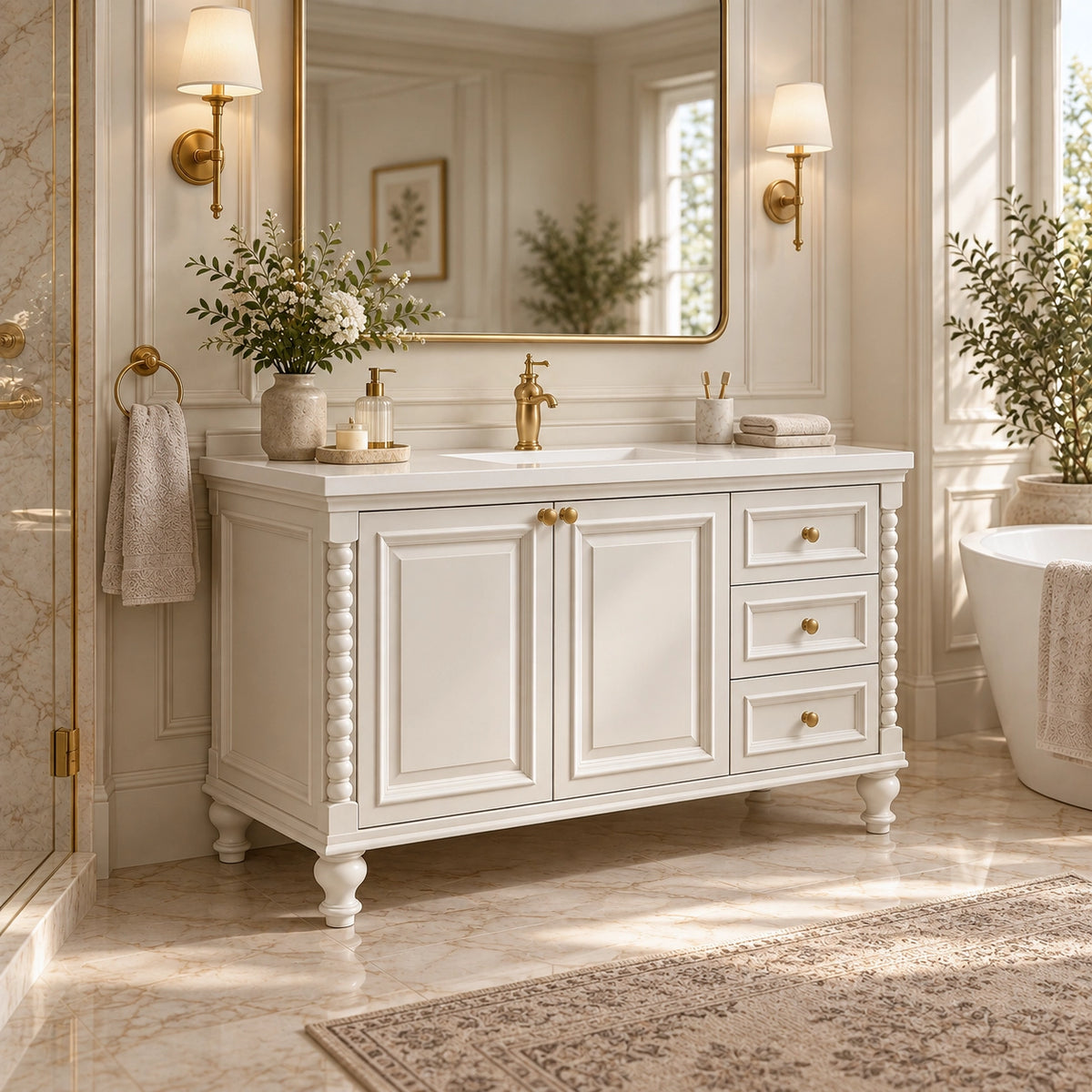 White beadboard vanity inside sunlit traditional bathroom